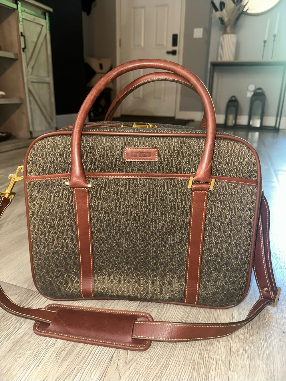VTG Hartmann Jacquard Wings Diamond Brown Leather Trim Weekender Carry On Bag